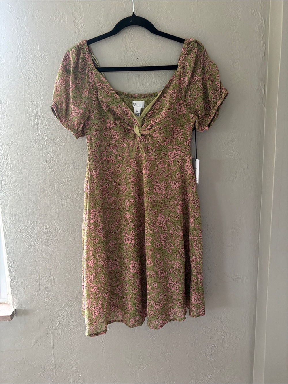 Maeve Olive Green & Pink Knot-Front Mini Dress